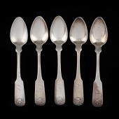 SET OF FIVE AMERICAN COIN SILVER TEASPOONS,