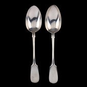 A PAIR OF RUSSIAN SILVER SERVING SPOONS,