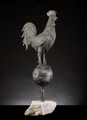 A 19TH CENTURY ZINC ROOSTER ON ORB WEATHER