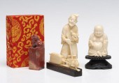 CARVED IVORY FIGURES AND SOAPSTONE SEAL