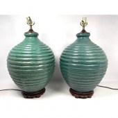 Pair Glazed Ribbed Bulbous Pottery Lamps.