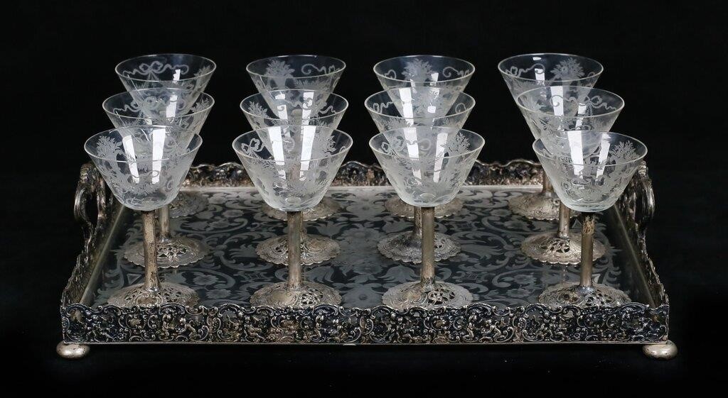 13 PIECE 800 SILVER ETCHED GLASS 3cf6a7