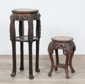 TWO CHINESE HARDWOOD MARBLE TOP PLANT
