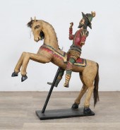 CARVED WOODEN POLYCHROMATIC MAN ON HORSECarved