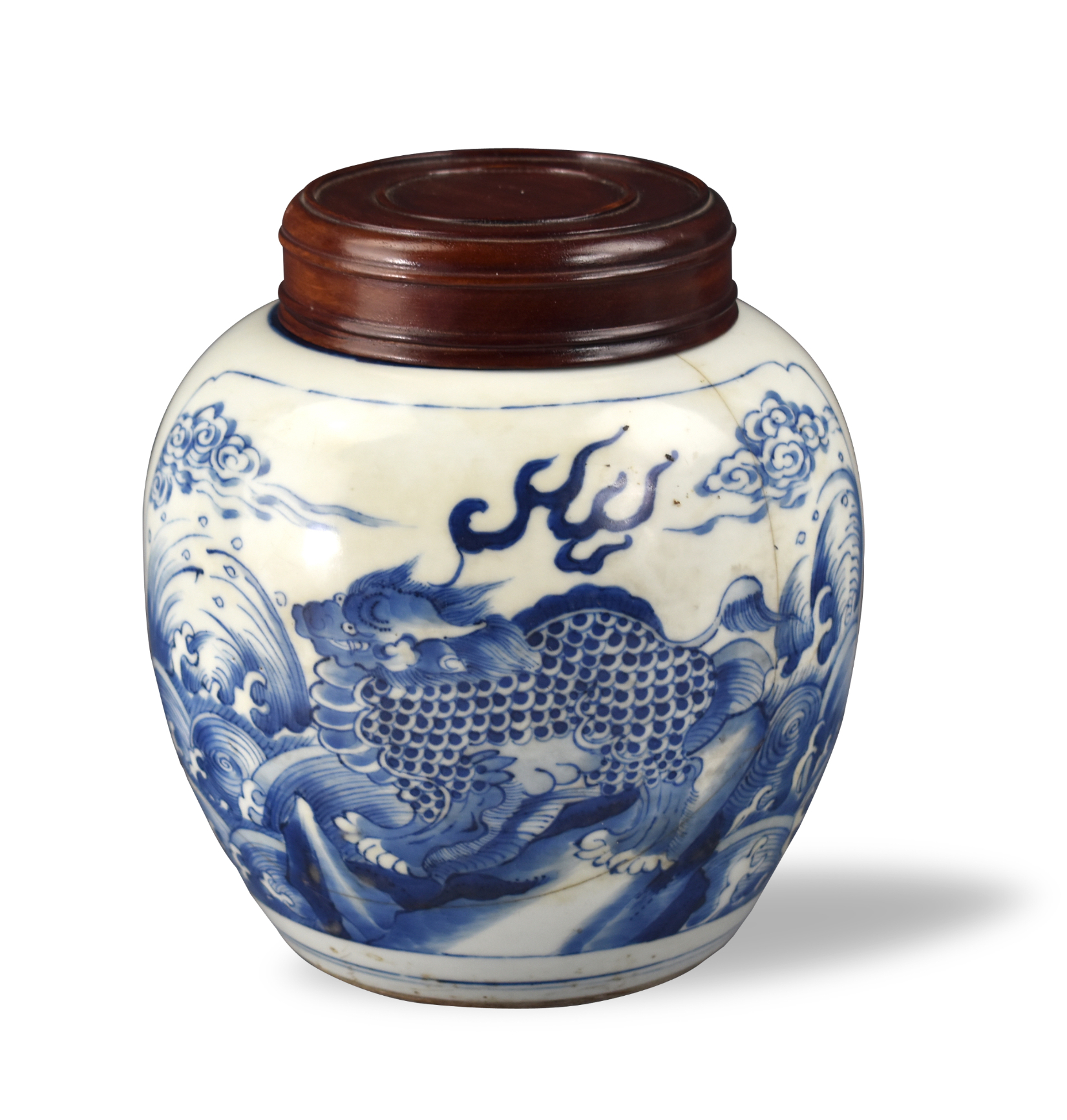 CHINESE BLUE WHITE JAR W KIRIN  3cf901