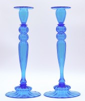 Pair Steuben Celeste Blue Tall Glass