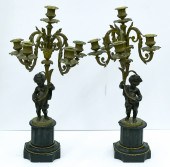 Pair Antique Figural Putti Bronze Candelabras
