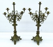 Pair Victorian Brass Ornate Tall Candelabras