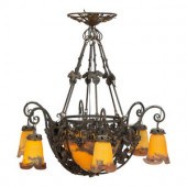 An Art Deco Wrought Iron and Glass Chandelier