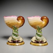 PAIR MINTON MAJOLICA SHELL-FORM COMPOTES