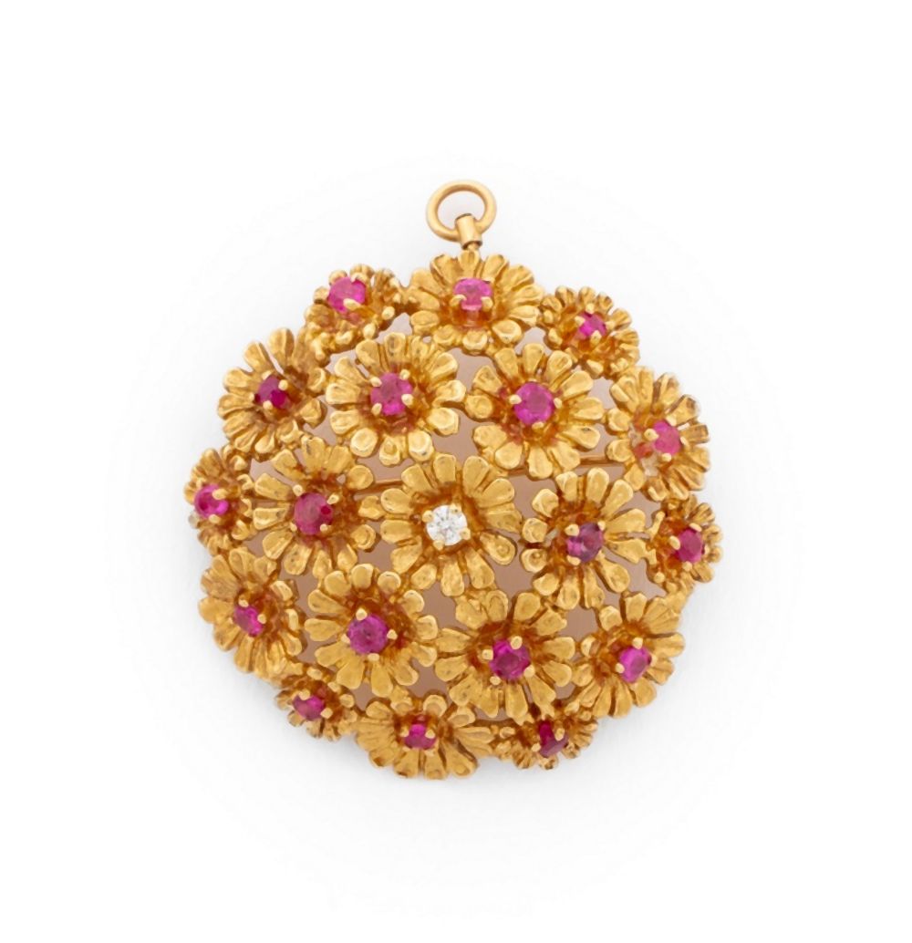 14K YELLOW GOLD RUBY DIAMOND FLORAL 3cea71