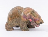 RHODONITE CARVED BEAR WITH SALMON SCULPTURE