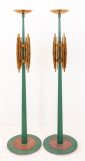 ART DECO POLYCHROMED BRASS TORCHIERES,