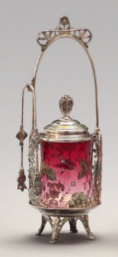 American Rubina Glass Pickle Jar-on-Stand,