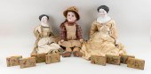 THREE GERMAN DOLLS AND EIGHT LITHOGRAPHED