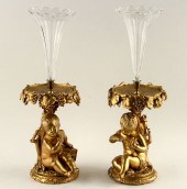 PAIR BRONZE AND CUT CRYSTAL EPERGNES