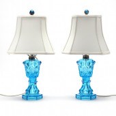 PAIR OF BRIGHT BLUE PATTERN GLASS