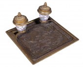 FRENCH BRONZE & PORCELAIN INKSTAND