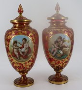 PAIR OF BOHEMIAN GLASS GILT DECORATED