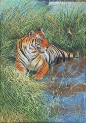 FRAMED TIGER GOUACHE PAINTING SIGNED