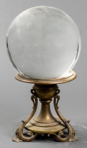 LARGE CLEAR CRYSTAL BALL ON BRASS