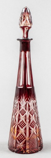 CUT CRYSTAL AND RUBY GLASS DECANTER