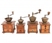 Four wooden box coffee grinders