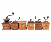 Six wooden box coffee grinders